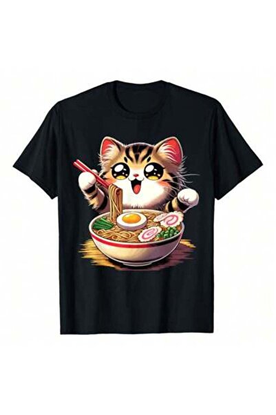 21JNRY Ramen Noodles Anime Kawaii Japanese Cat T-Shirt, 220g Pure Cotton, Cre...