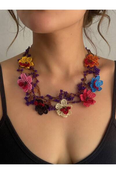 Generic Brand Flower Pendant Necklace with Beads Colorful Flower Necklace