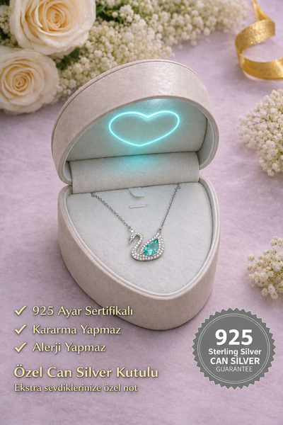 CAN SİLVER Aqua Zirkon Taşlı Kuğu Kolye | 925 Ayar Gümüş Kadın Kolye- Kuğu Gü...