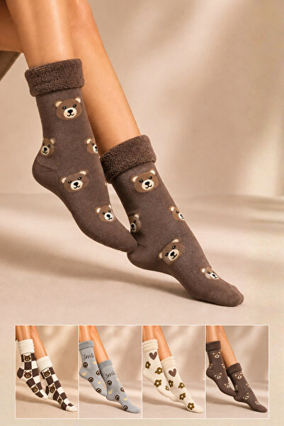 KARDEŞLER ÇORAP Women's Patterned Curly Terry Socks 4-Piece Socks