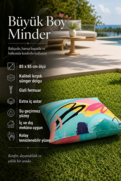 Moud's Abstract Desenli 85x85 Yer Minderi, Baskılı Su İtici Yer Minderi, Konf...