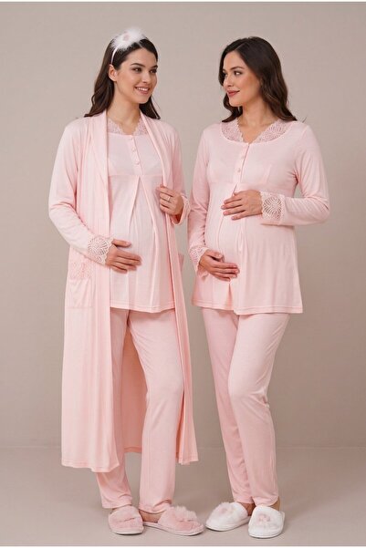 Pelin Women's Powder Lace Buttoned Long Sleeve Maternity Pajama Set with Dres...