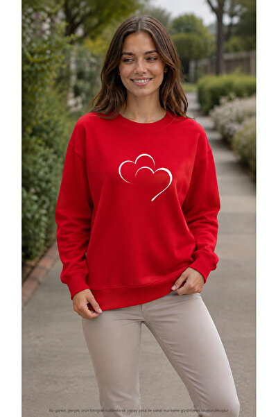 caddekombin Women's Double Heart Printed Round Neck Long Sleeve Sweatshirt