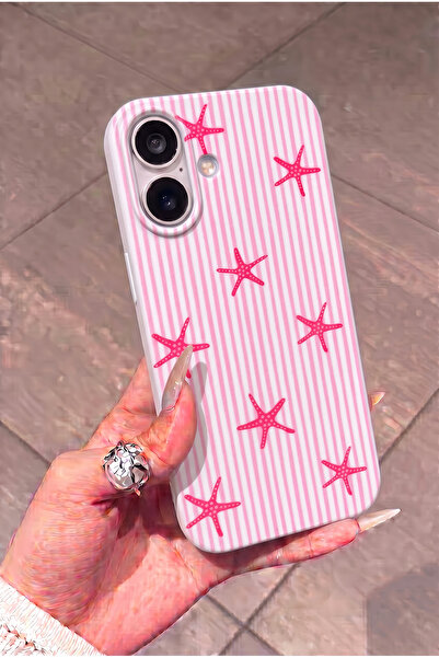 KVK PRİVACY iPhone 16 Uyumlu Pembe Deniz Yıldızı Desenli Çizgili Kadifemsi So...