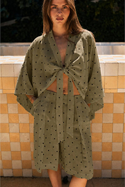 My Blog Khaki Front-Tie Polka Dot Kimono Set - 51432