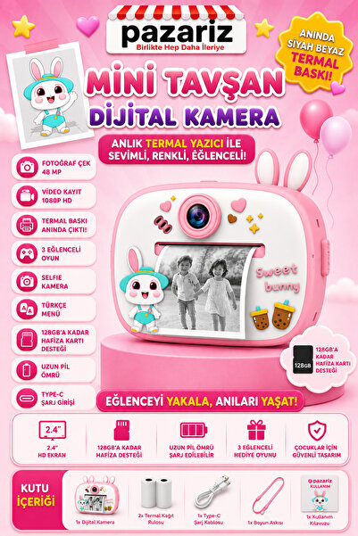 pazariz Çocuk Dijital Kamera Tavşan Temalı Termal Yazıcılı 2.4 İnç Ekran Fotoğraf Video Selfie 3 Oyunlu Anında Baskı Makinesi Print Kamera Çift Kamera, Silikon Kılıf