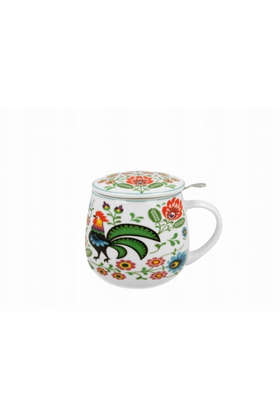 NO BRAND Cană de porțelan cu infuzor și capac DUO ETNO KOGUTY FOLK 430 ml K3