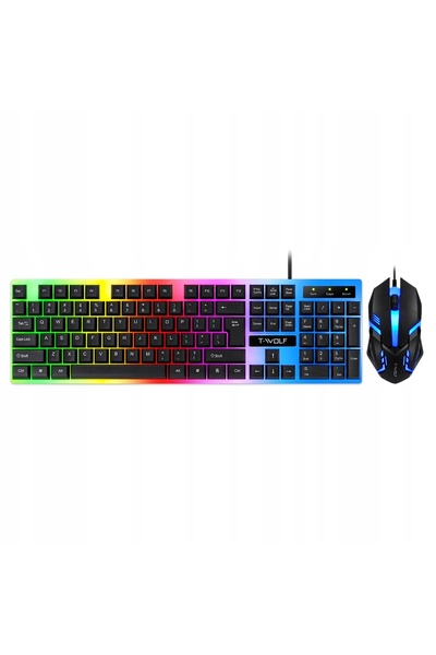 T-WOLF Set tastatură de gaming hibridă cu iluminare de fundal RGB LED și mous...