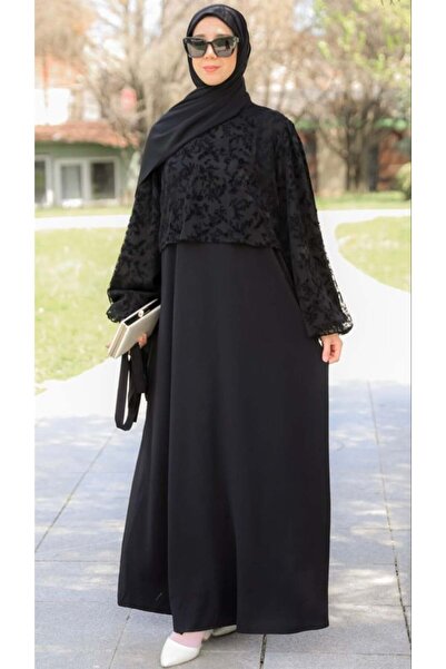 Siyah Flok Garnili Medine Elbise 5149