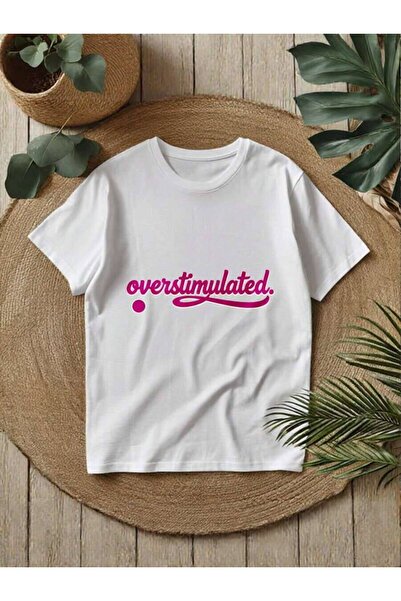 2BIR Women's "Overstimulated" Funny Pink Slogan Print Crewneck Short Sleeve T...