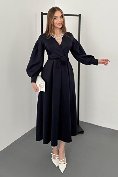 ELBEE Navy Blue Rose Detailed Scuba Dress