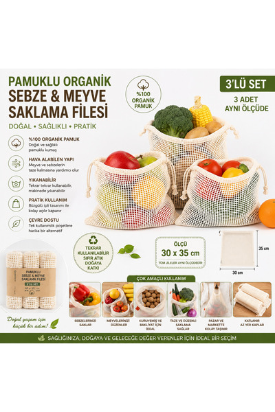 Magiclady Organik Pamuk Meyve ve Sebze Filesi 3'lü Set – Büzgülü Yıkanabilir ...