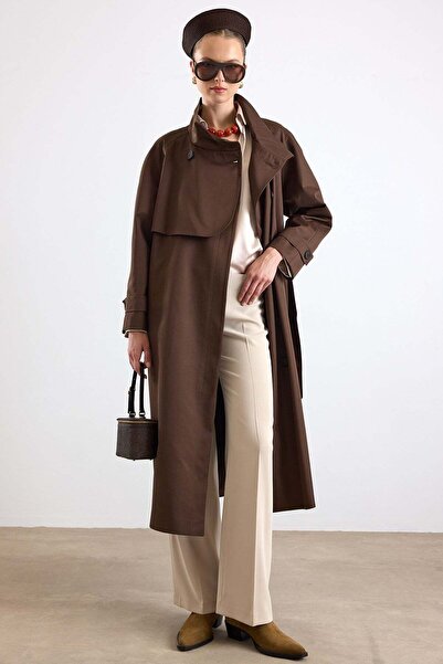 Olcay High Collar Cloak Detailed Water Repellent Trench Coat Brown 6889