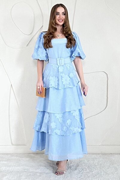 Generic Brand Blue Balloon Sleeve Detailed Layered Floral Dress