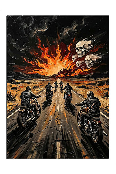 Artmeg Biker Gang on the Road with Flames Decorative Canvas - Mdf Wood Painting