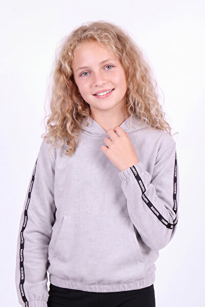 panios kids Kız Çocuk Kapüşonlu Kanguru Cepli Şerit Detaylı Sweatshirt