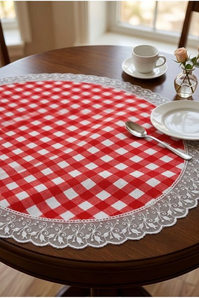 Rona Home Round Runner 60 cm Red and White Checkered Laced Tablecloth Kitchen Balcony Picnic Table Decoration