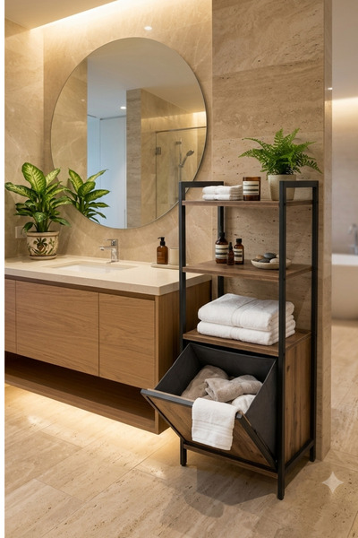 Mudesa Kirli Çamaşır Sepeti Metal Ahşap Banyo Düzenleyici Kirli Sepeti Banyo Dolabı Organizer Banyo Rafı