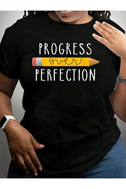 NOURAM Progress Over Perfection Motivational Teacher Black Graphic T Shirts Tee