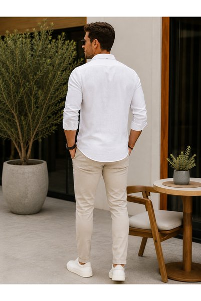DYNAMO Men's White Linen Shirt 70% Cotton 30% Linen Relaxed Fit Sports Shirt