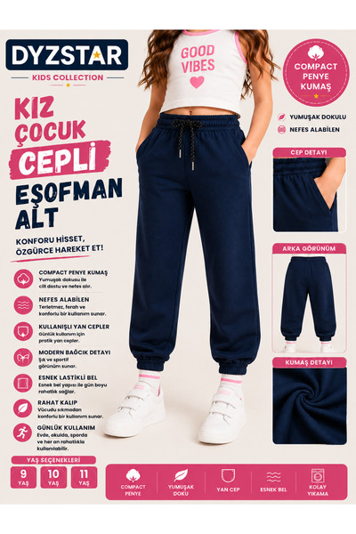 DYZSTAR Girl's Pocketed Sweatpants, Navy Blue, Compact Combed Cotton, Elastic...