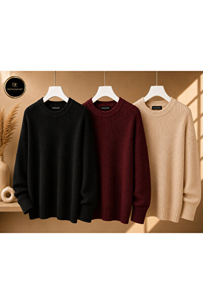 DepoExport Women's 3-Piece Crew Neck Oversize Knitwear Sweater Soft Knitted S...