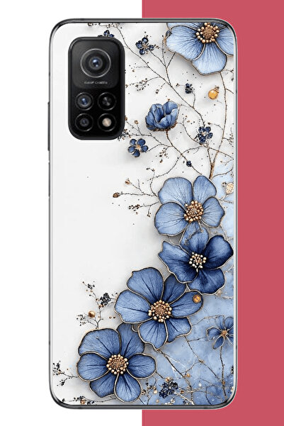 Aksesuarist Xiaomi Mi 10T-10T PRO Uyumlu mavi çiçek UV Baskılı Silikon Kılıf