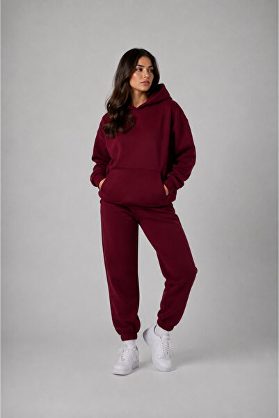 BARLİZ Kadın 3 İplik Oversize Basic Baskısız Kapşonlu Kanguru Cep Jogger Kadı...