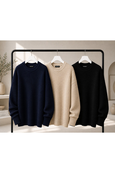 DepoExport Women's 3-Piece Crew Neck Oversize Knitwear Sweater Soft Knitted S...