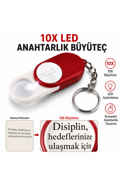 XZZ 10X LED Işıklı Anahtarlık Büyüteç El Tipi Cep Tipi Mini Lens Büyüteç