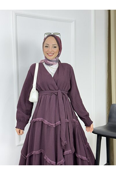 Sovel 4496 Muslin Fabric Tassel Detailed V-Neck Layered Dress