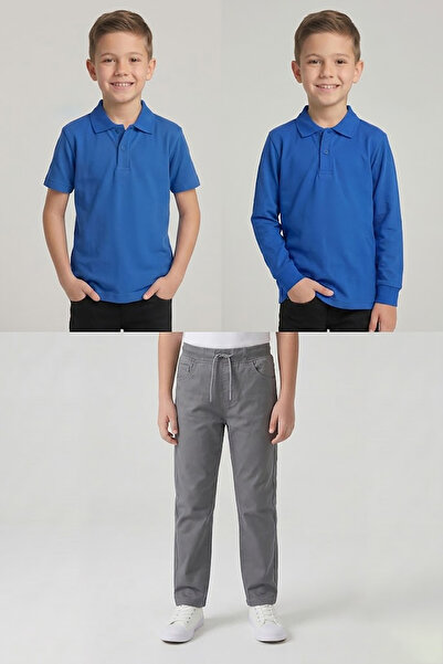 nacar çarşı Boys' School Saks Blue Long and Short Sleeve Polo Collar T-Shirt ...