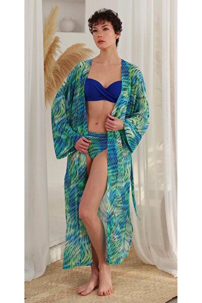 Maser Blue Green Patterned Chiffon Beach Kimono and Pareo