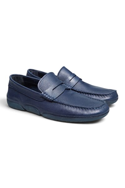 FRANCO CALVANI Dark Blue Shilingir Dark Blue Color Laceless Genuine Leather M...
