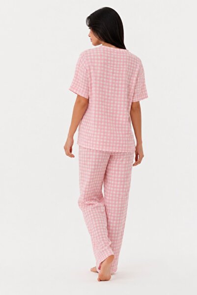 BELLA NOTTE Pembe Pötikare Desenli V Yaka Ayıcık Nakışlı Kısa Kollu Pijama Takımı