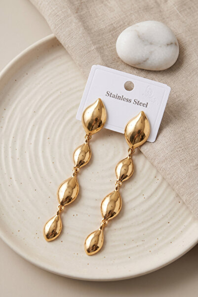 Lisinya 316L Steel Gold Color Leaf Motif Long Design Earrings -