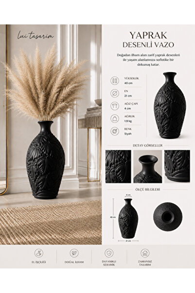 Lui Tasarım Vazo Ev Dekorasyon Seramik Siyah Renk XL Büyük Boy Yapay Kuru Çiçek Pampas Vazosu Yaprak Desen Uzun Vazo 40 cm