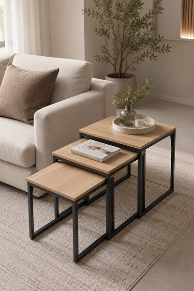 Generic Nesting Service Tables (3 Pieces) Wood with Beige Marble Pattern and ...