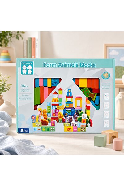 Beilaluna Set cuburi educative din lemn Farm Animals Blocks, 100 piese,cu ani...