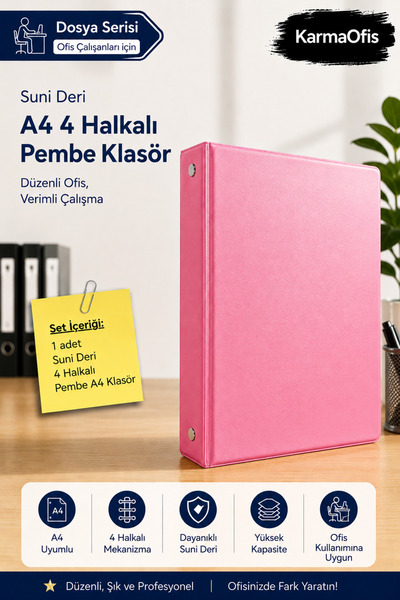 KarmaOfis A4 4-Ring Pink Faux Leather Folder |   Office and Document Organiza...