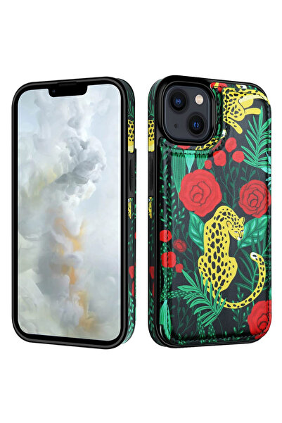 OEM Husă portofel pentru iPhone 14 cu suport, Leopard și Trandafiri, 6.1 "