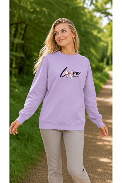 EMMODA Women's Pink Ribbon Detailed Love Written Round Neck Casual Sweatshirt