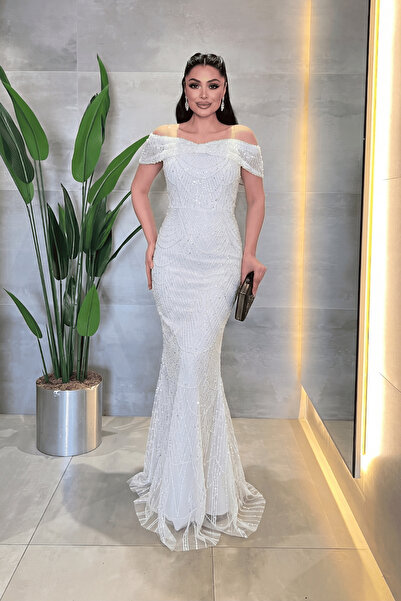 giyimmasalı Boat Neck Beaded Fabric Evening Dress - White