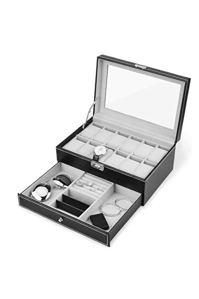 Generic Double Layer Jewelry Box with Drawer Case For Watch, Black