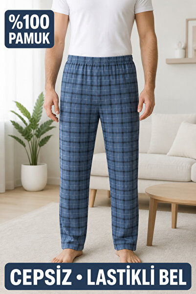 Nova Fuşya Lingerie Single 100% Cotton Plaid Patterned Men's Pajama Bottoms T...