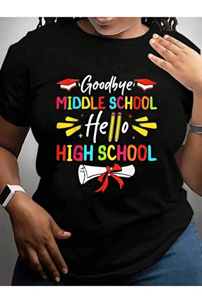 kai22 تي شيرت بطباعة جرافيكية باللون الأسود بعبارة "Goodbye Middle Hello High...