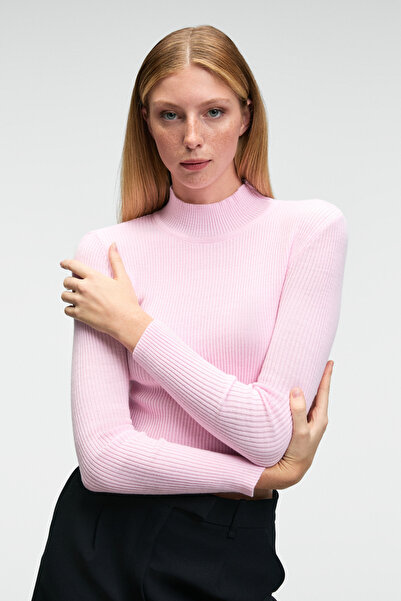 ETHIQUET CALIDA Kadın Dik Yaka Fitilli Görünümlü Slim Fit Triko Pembe Kazak