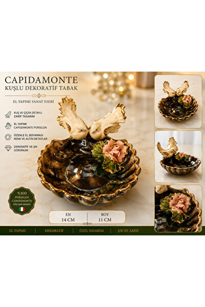 Atak Hediyelik Capodimonte Porselen Kuşlu Dekoratif Tabak El Yapımı Çiçek Det...