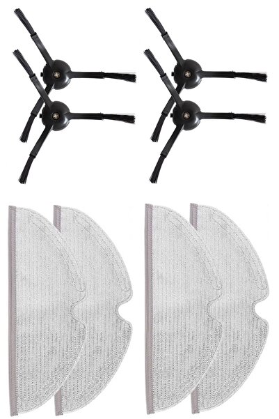 Rovexa 4 Black Side Brushes and 4 Mop Fiber Mops Compatible with Roborock Q8 ...