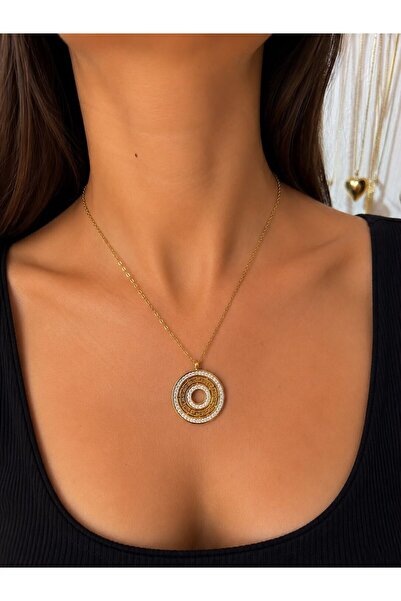 MARE BUTİK Gold Zircon Stone Round Medallion Necklace